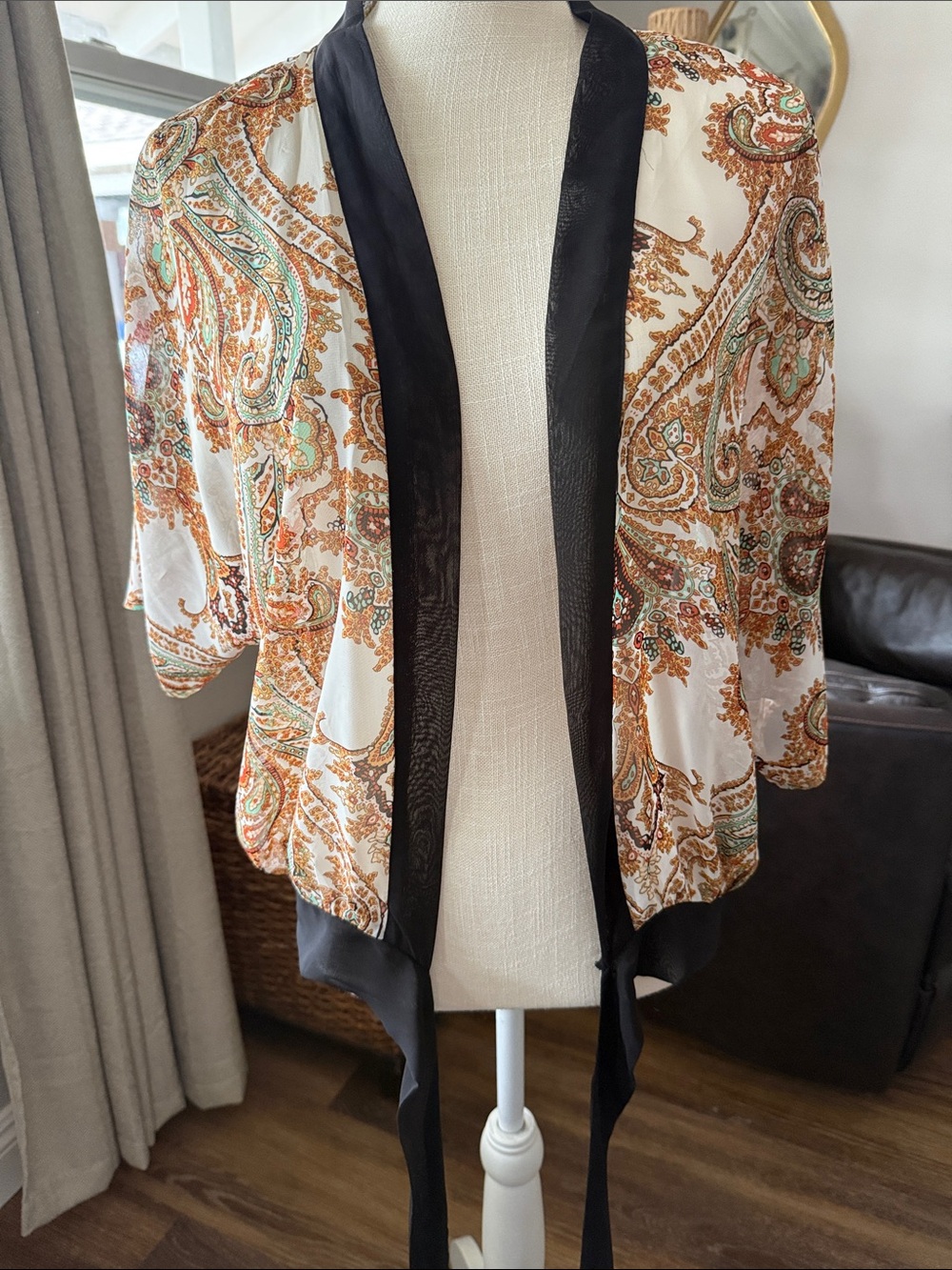 Charming Charlie White Paisley Print Open Kimono with Black Trim